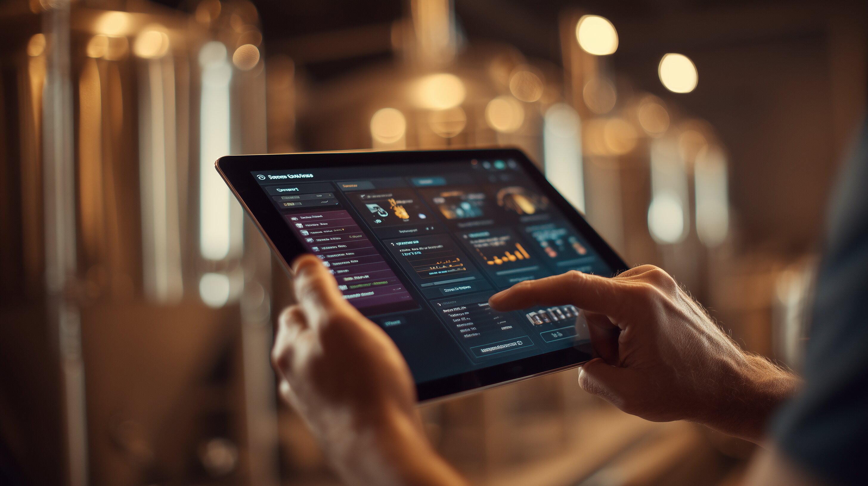 Brewer using tablet dashboard in brewery