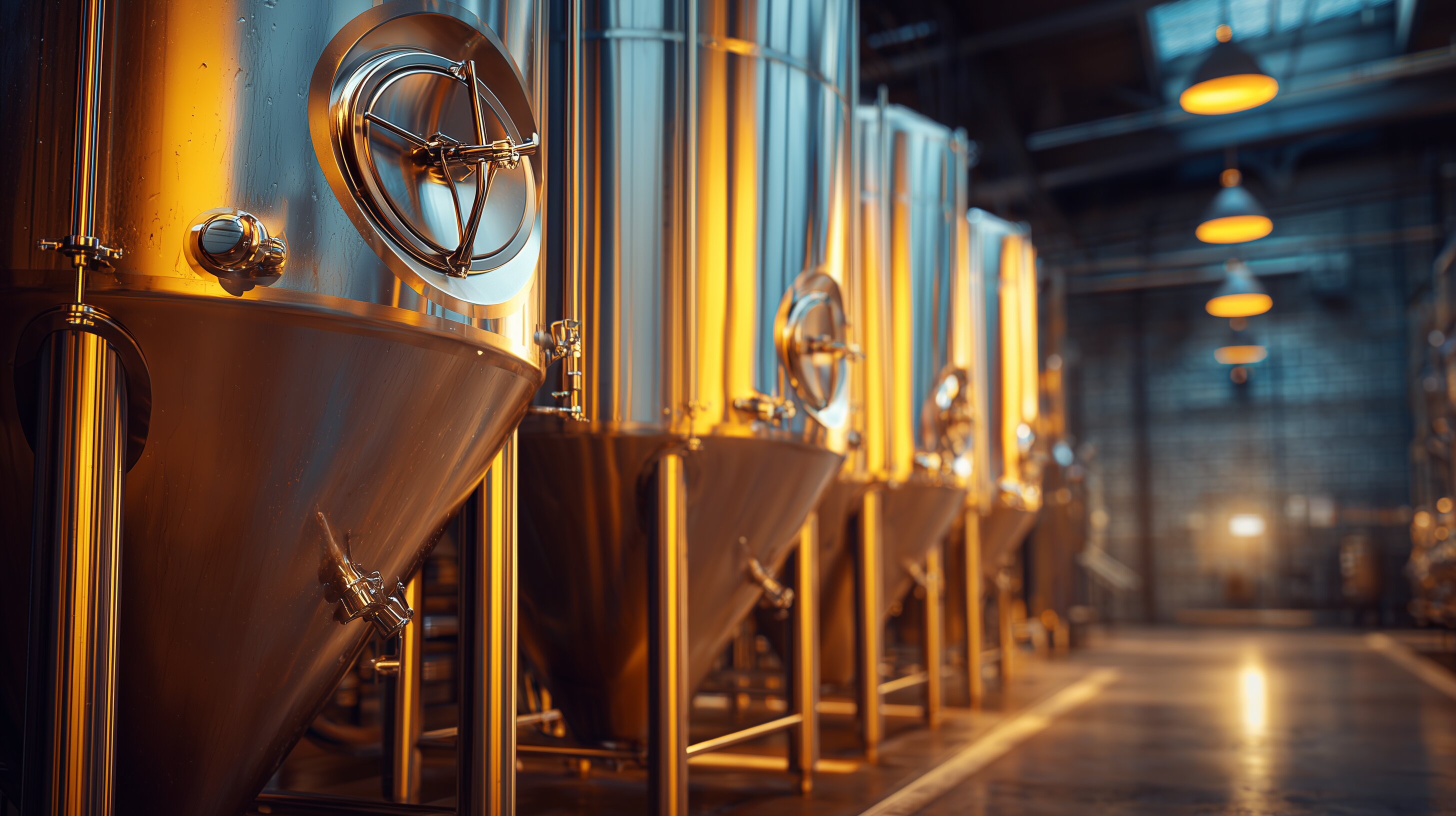 Stainless steel fermentation tanks in a craft brewery